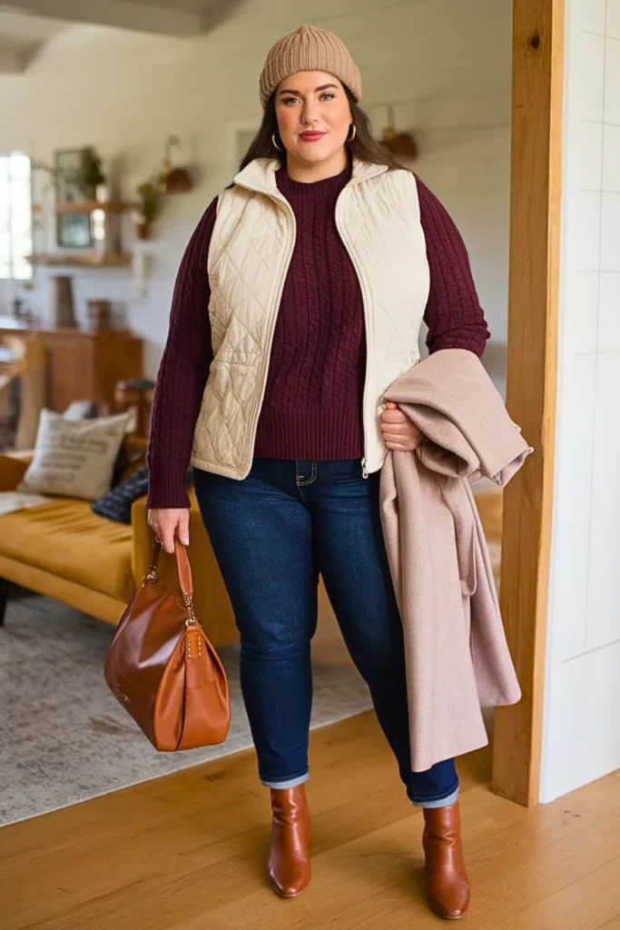Plus Size Quilted Vest with Knit Sweater Layered Winter Outfit