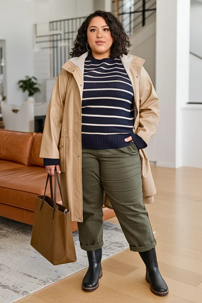 Plus Size Raincoat With Striped Sweater And Chinos Outfit