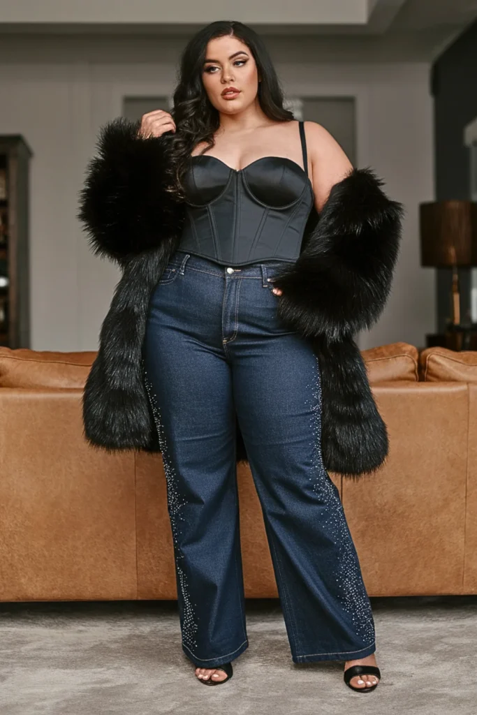 Plus Size Rhinestone Jeans and Corset Top Outfit