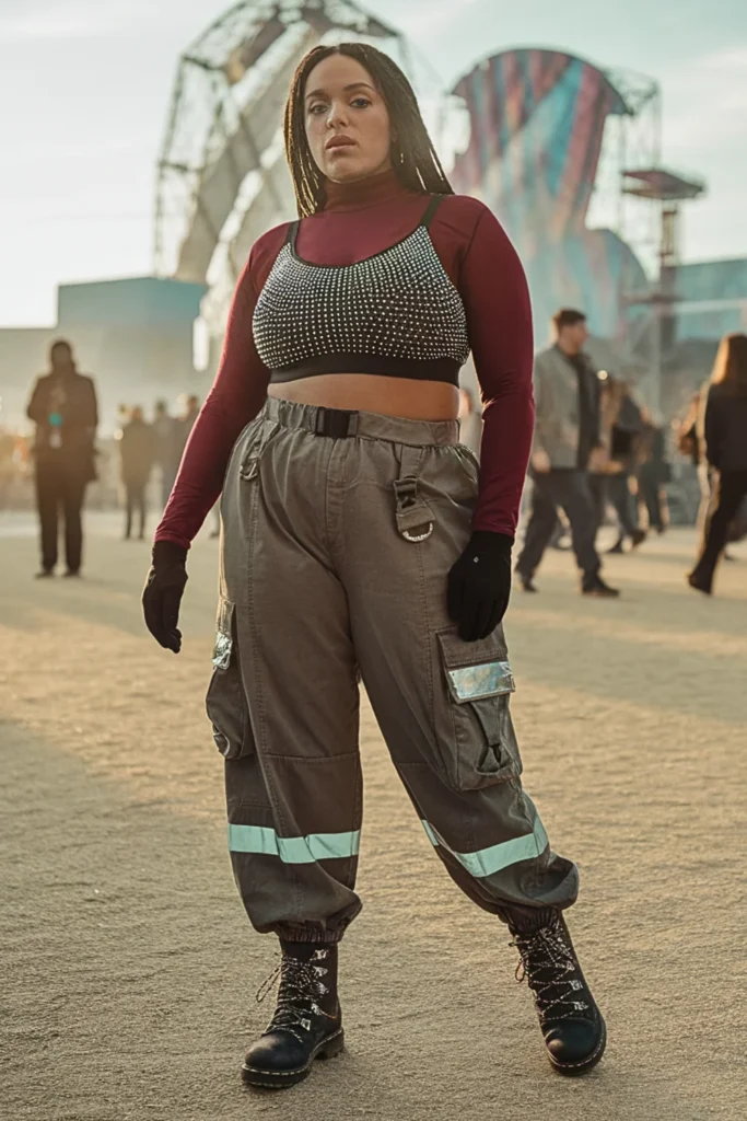 Plus Size Rhinestone Sports Bra with Cargo Pants Festival Fit