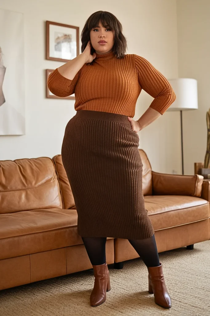 Plus Size Ribbed Sweater with Knit Midi Skirt Outfit