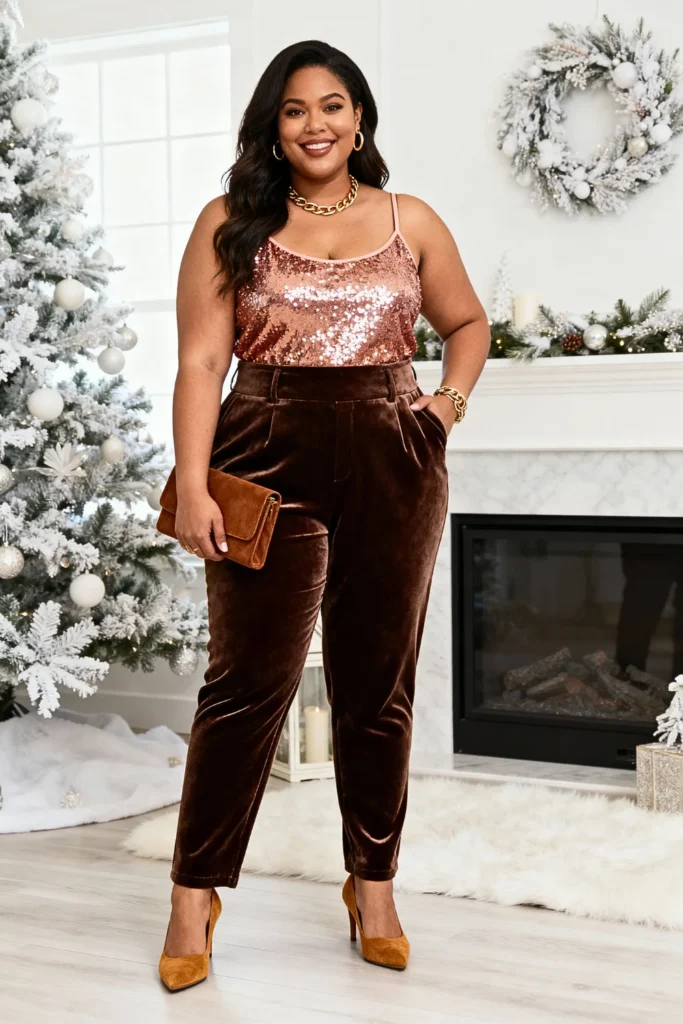Plus Size Rose Gold Sequin Cami With Chocolate Brown Velvet Trousers Outfit