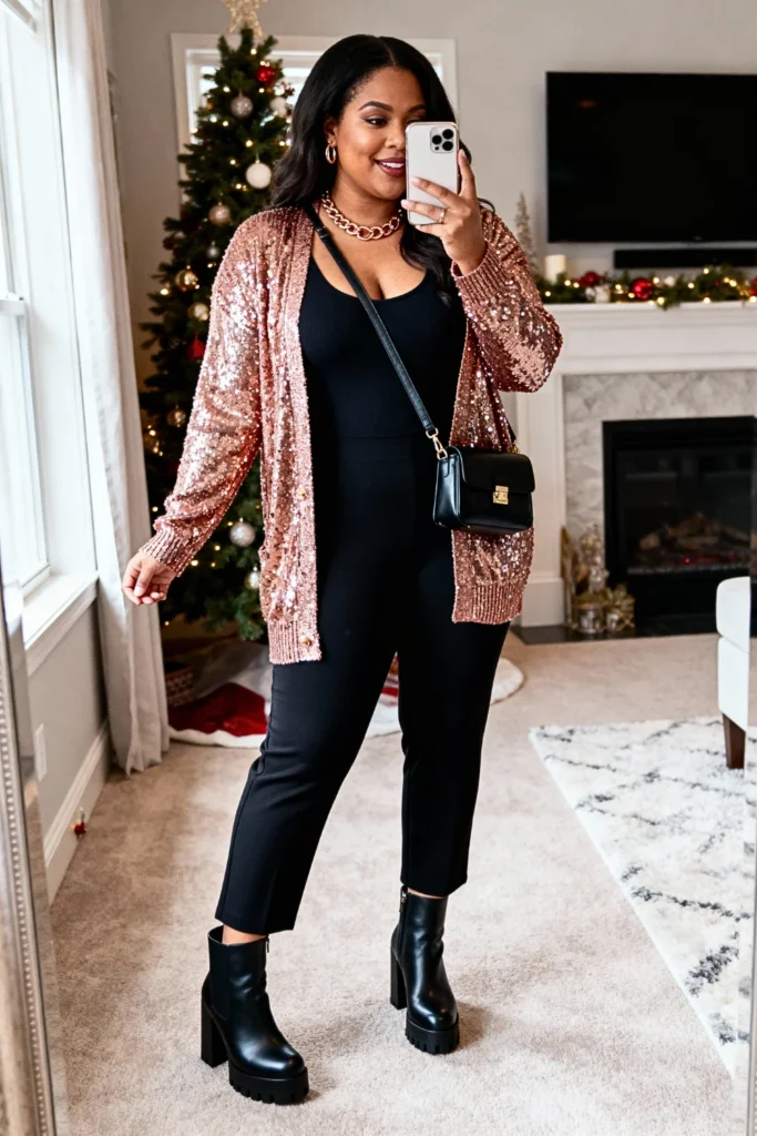 Plus Size Rose Gold Sequin Cardigan with Black Bodysuit Outfit