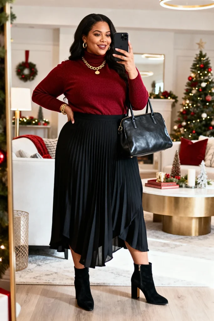 Plus Size Ruby Red Cashmere Turtleneck with Pleated Midi Skirt Outfit