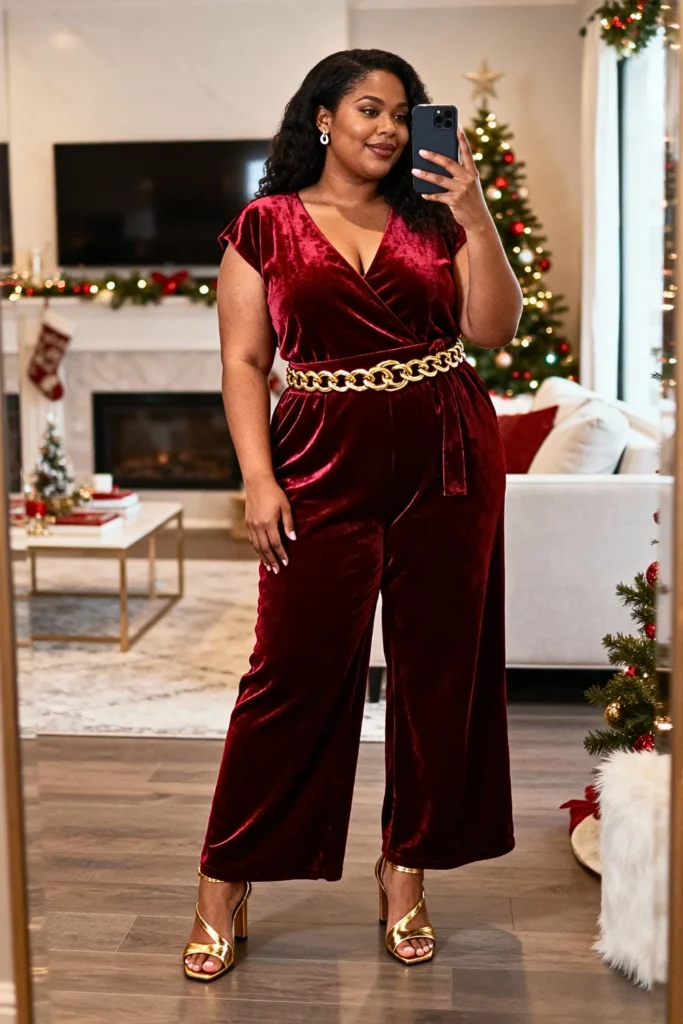 Plus Size Ruby Red Velvet Jumpsuit With Statement Belt Outfit