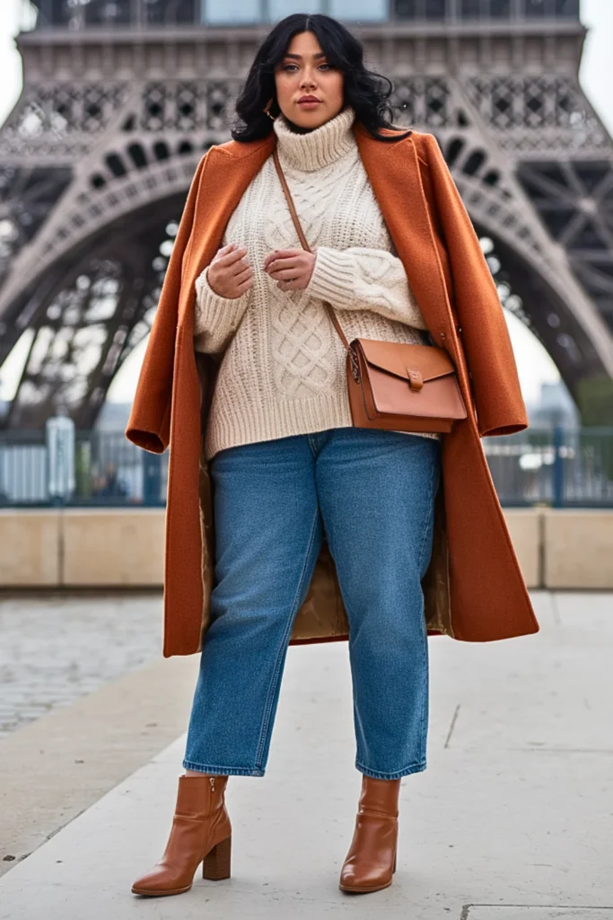 Plus Size Rust Orange Coat with Denim and Knitwear Outfit