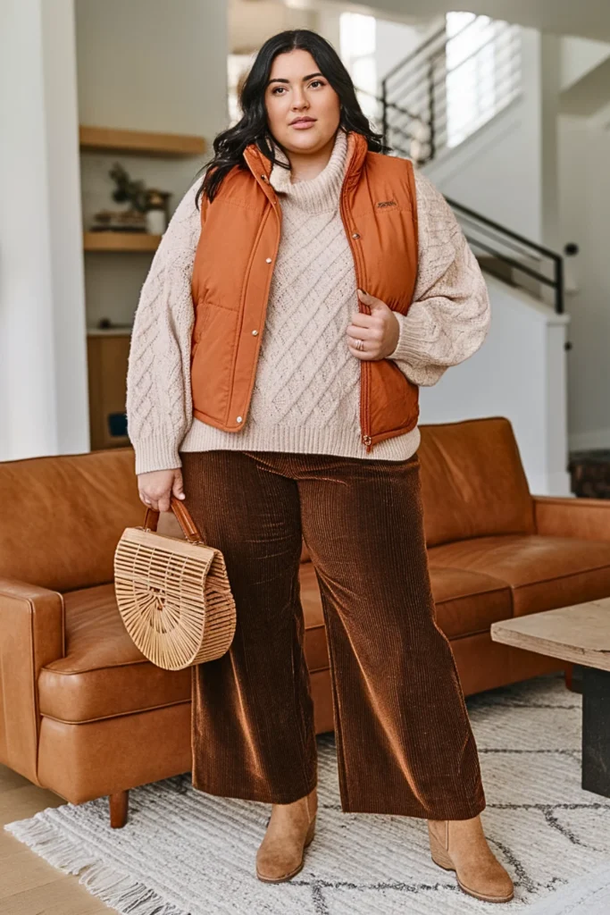 Plus Size Rust Orange Puffer Vest with Cream Sweater Outfit