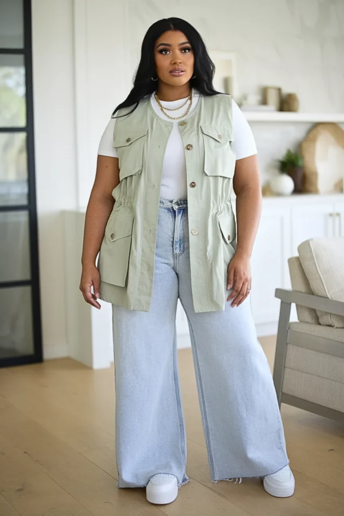 Plus Size Sage Green Utility Vest with White Tee Outfit