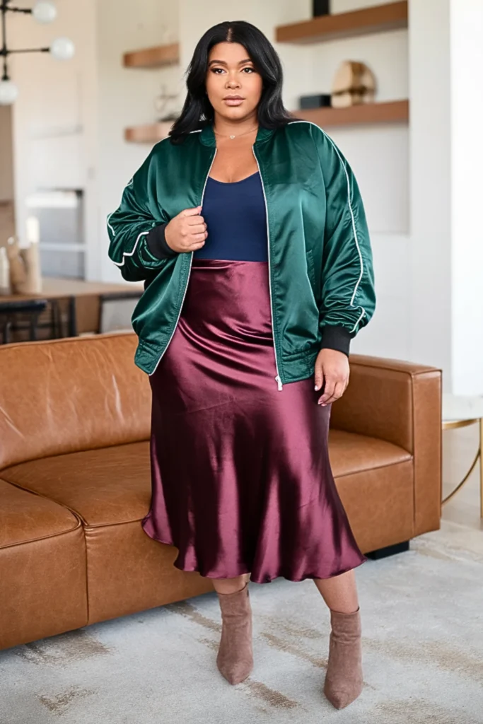 Plus Size Satin Bomber Jacket with Slip Skirt Outfit
