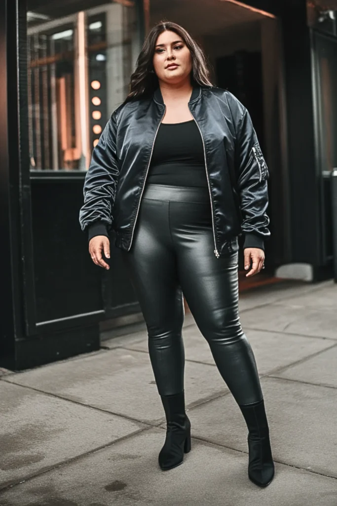 Plus Size Satin Bomber With Leather Leggings Outfit