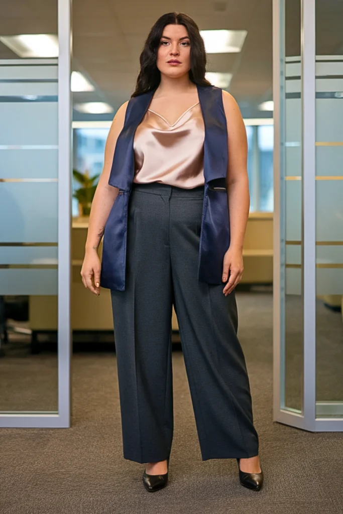 Plus Size Satin Camisole with Wool Trousers and Structured Vest