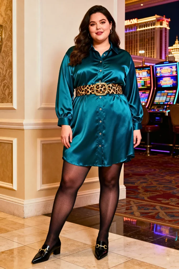 Plus Size Satin Shirt Dress with Leopard Print Belt and Pointed Flats Outfit