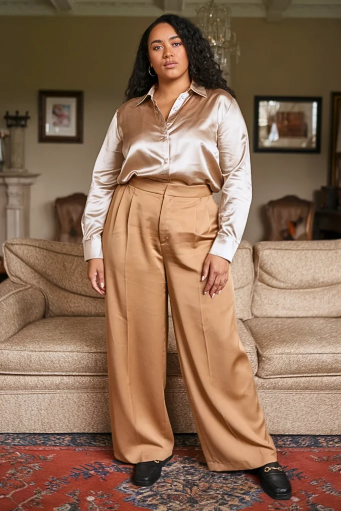 Plus Size Satin Shirt Tucked with Wide-Leg Trousers