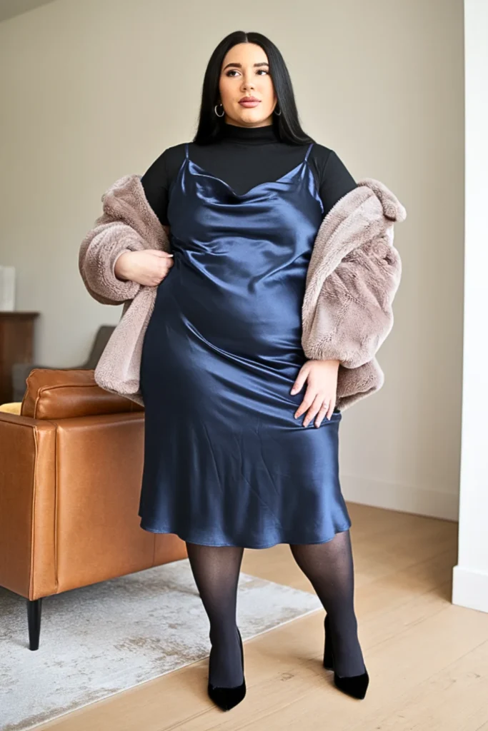  Plus Size Satin Slip Dress Layered Over Turtleneck Winter Outfit