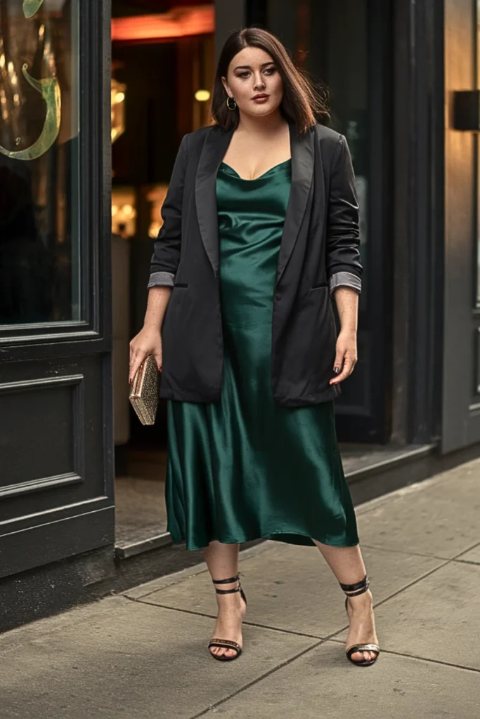 Plus Size Satin Slip Dress With Structured Blazer Outfit