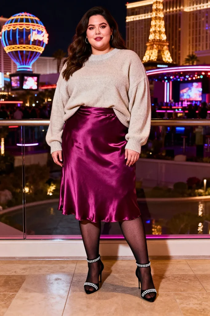 Plus Size Satin Slip Skirt with Oversized Sweater and Strappy Heels Outfit
