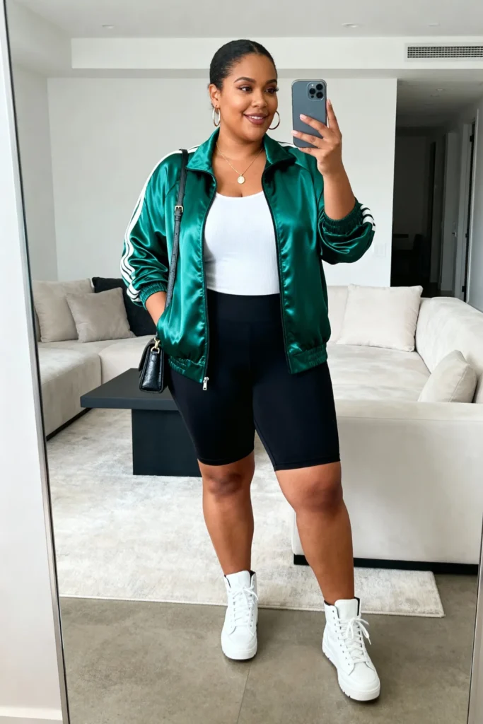 Plus Size Satin Track Jacket with Biker Shorts Sporty Chic Athleisure