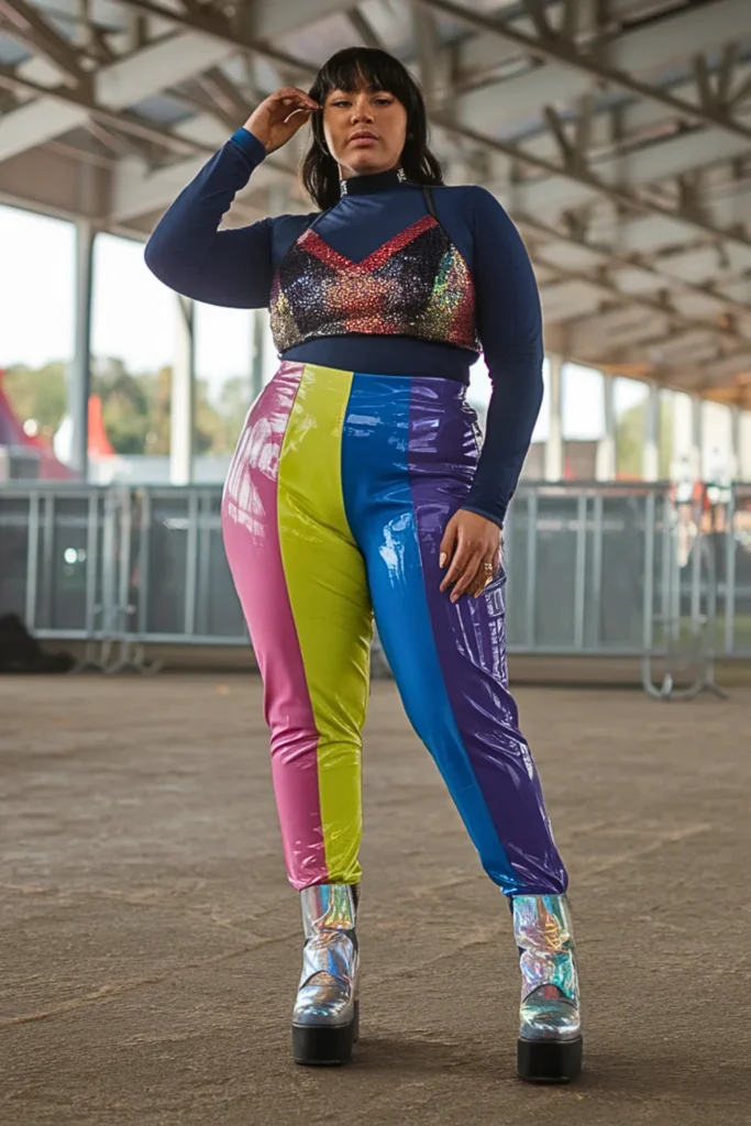 Plus Size Sequin Bra Top with Vinyl Pants EDM Festival