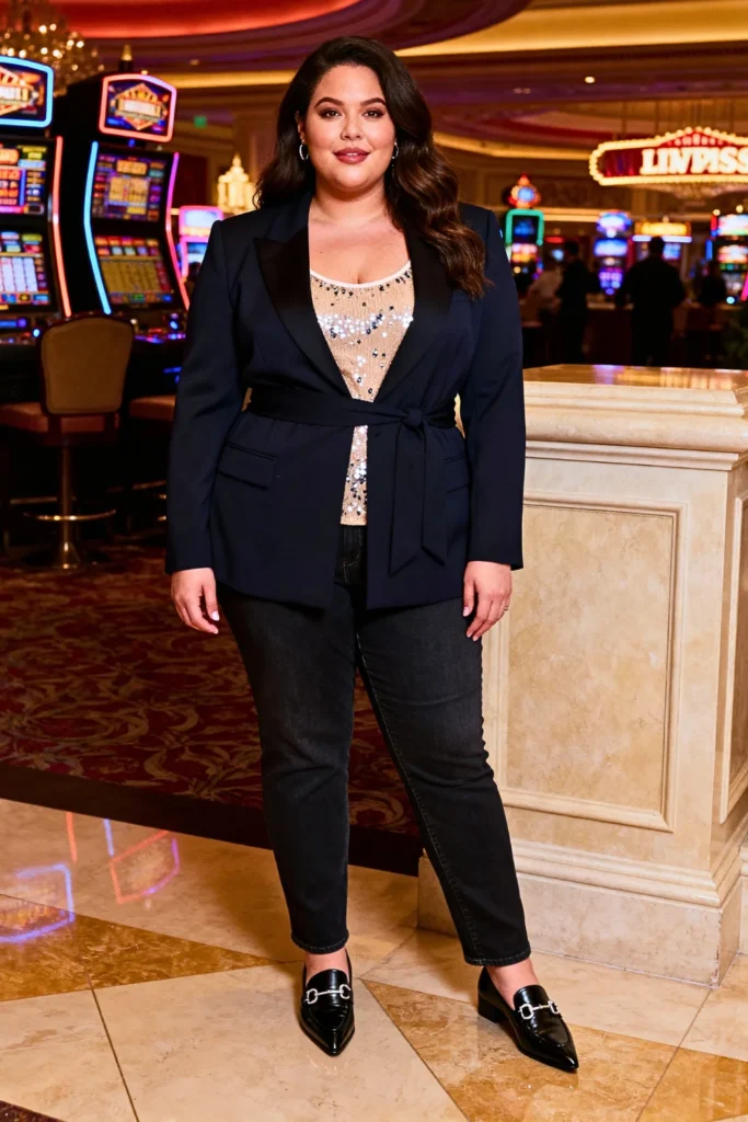 Plus Size Sequin Cami Tank with Tailored Blazer and Straight-Leg Jeans Outfit