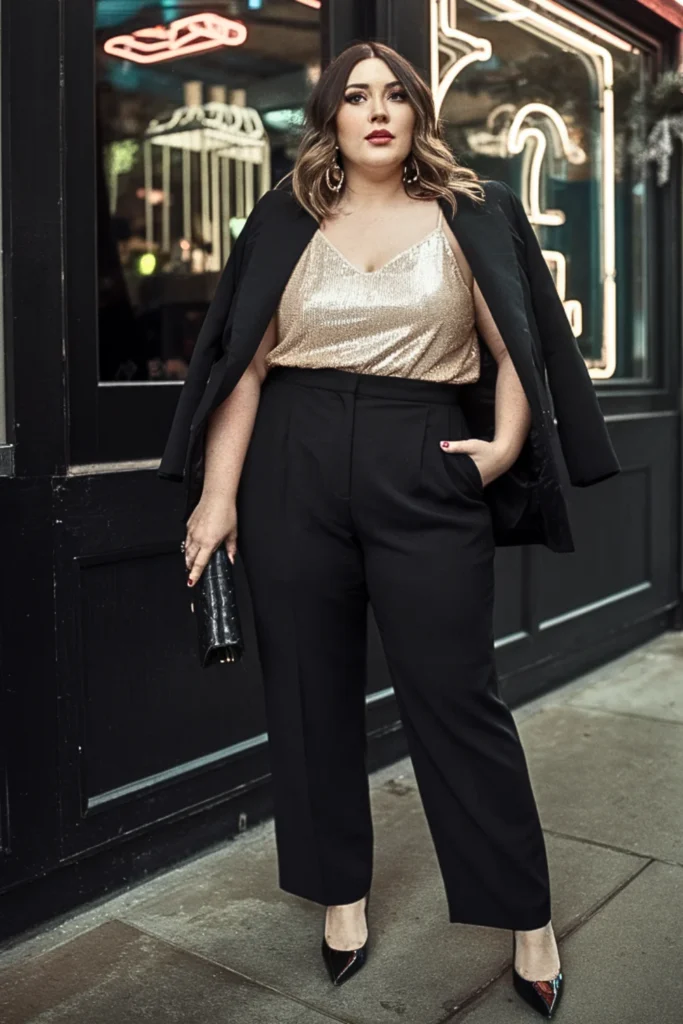 Plus Size Sequin Cami With Tailored Pants Outfit