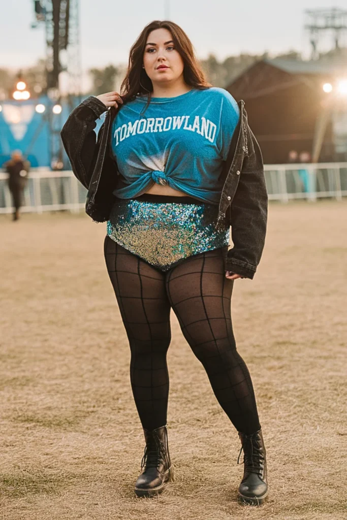 Plus Size Sequin Hot Pants with Oversized Band Tee