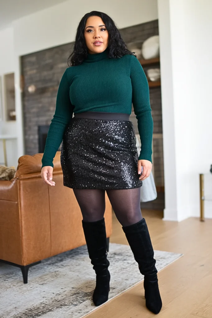 Plus Size Sequin Mini Skirt with Turtleneck Outfit