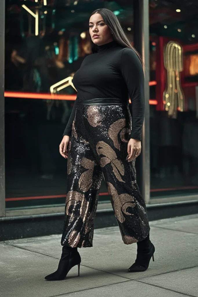 Plus Size Sequin Pants With Fitted Turtleneck Outfit