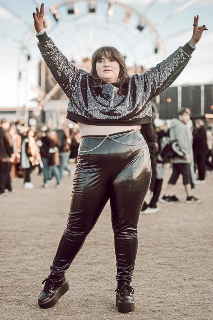 Plus Size Sequin Sweatshirt with Leather Leggings NYE Look