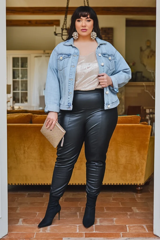 Plus Size Sequin Tank with Denim Jacket Nashville Party Outfit