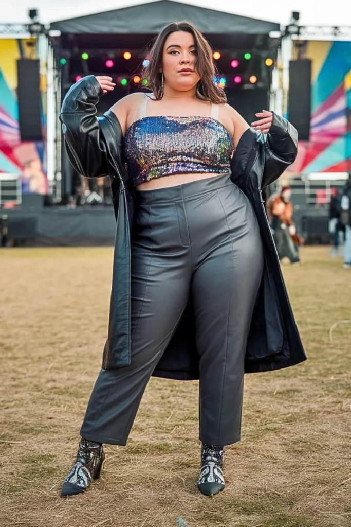 Plus Size Sequin Tube Top with High-Waisted Pants Winter Finale