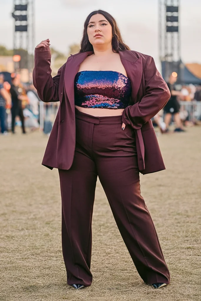 Plus Size Sequin Tube Top with Oversized Blazer NYE Outfit