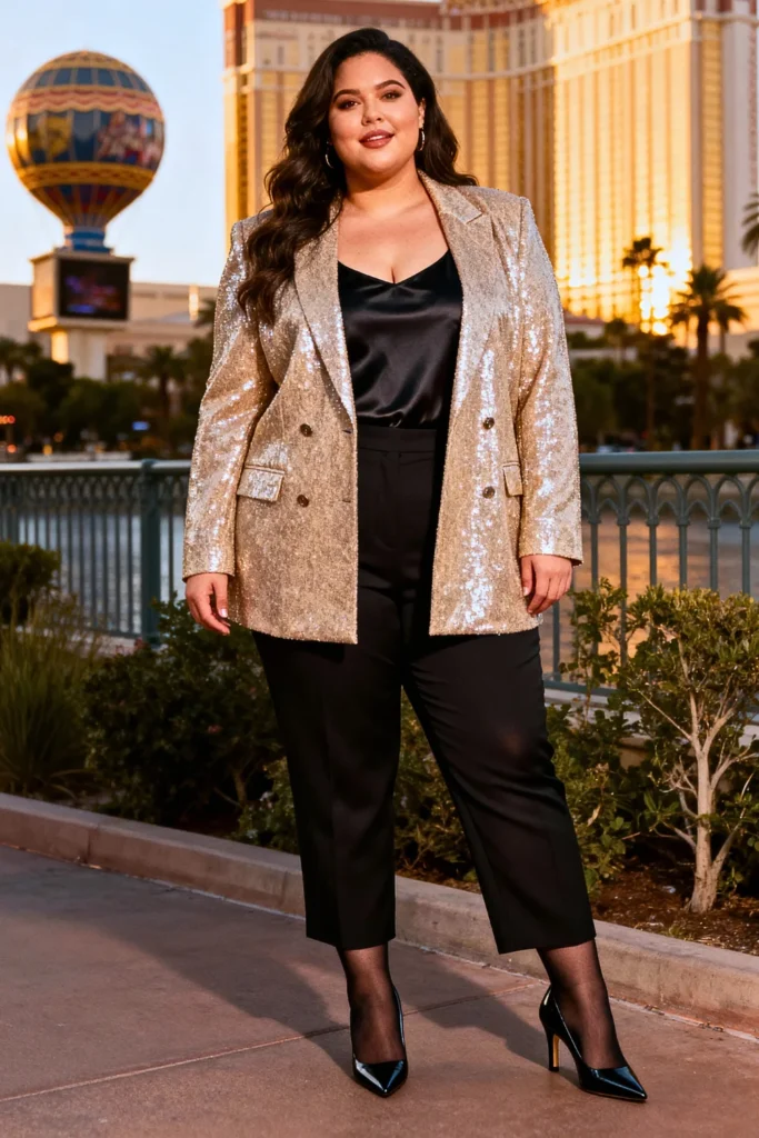 Plus Size Sequined Blazer with Silk Camisole and Tailored Trousers Outfit