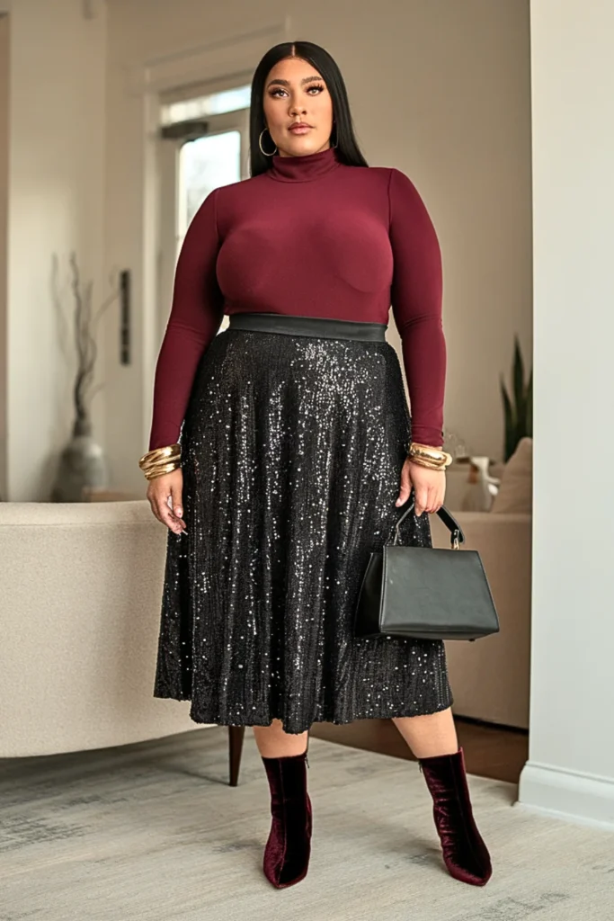 Plus Size Sequined Midi Skirt and Fitted Turtleneck Winter Outfit