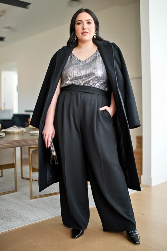 Plus Size Sequined Tank and Wide Leg Trousers Winter Outfit