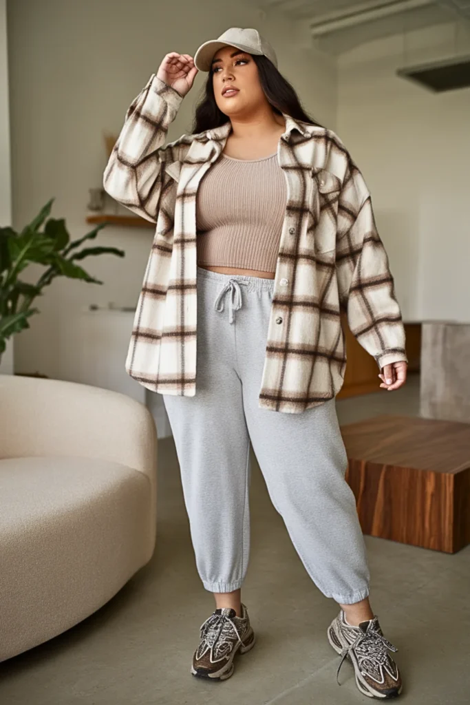 Plus Size Shacket With Tank Top And Joggers Outfit