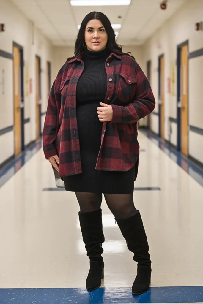 Plus Size Shacket and Turtleneck Dress Outfit