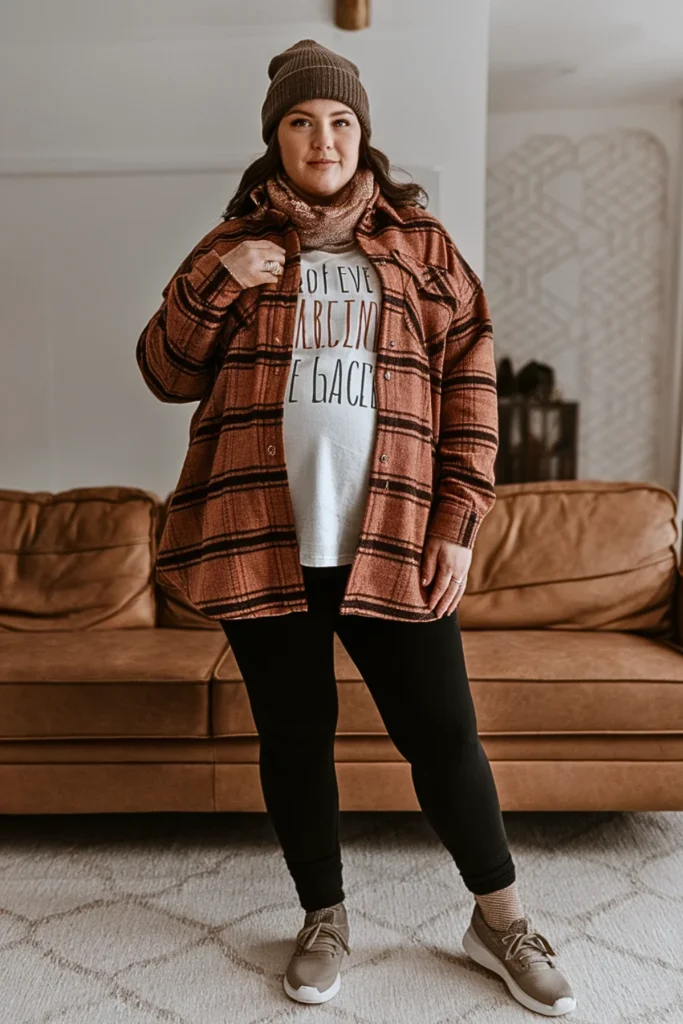 Plus Size Shacket with Graphic Tee and Leggings Outfit