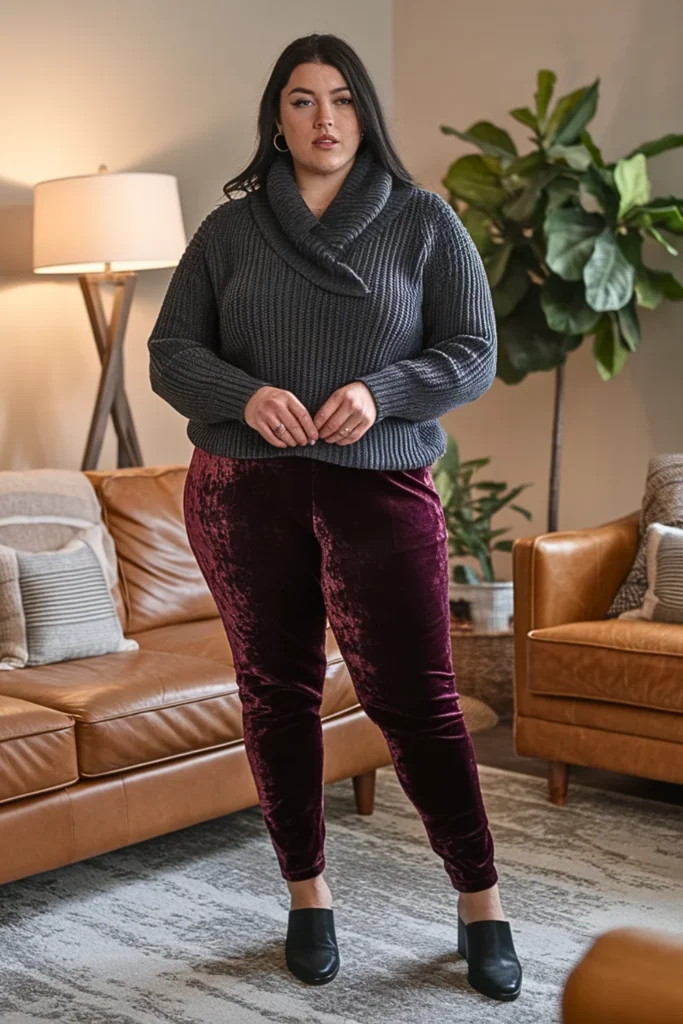 Plus Size Shawl Collar Sweater with Velvet Leggings Outfit