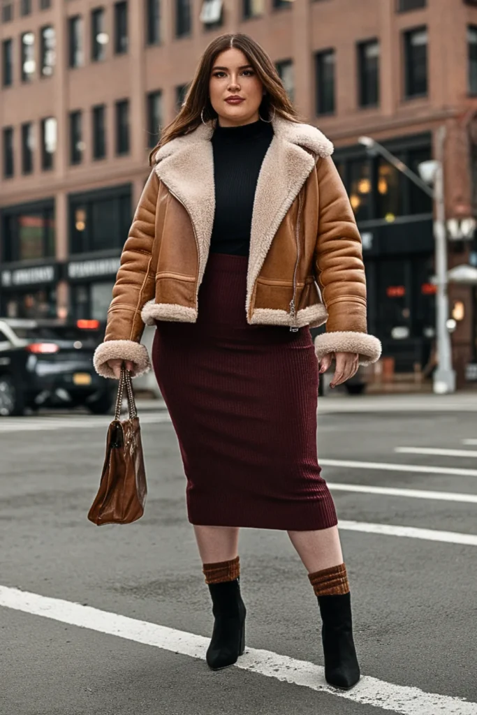 Plus Size Shearling Aviator Jacket with Midi Skirt Winter Outfit