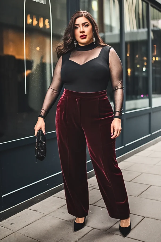 Plus Size Sheer Sleeve Bodysuit With Trousers Outfit