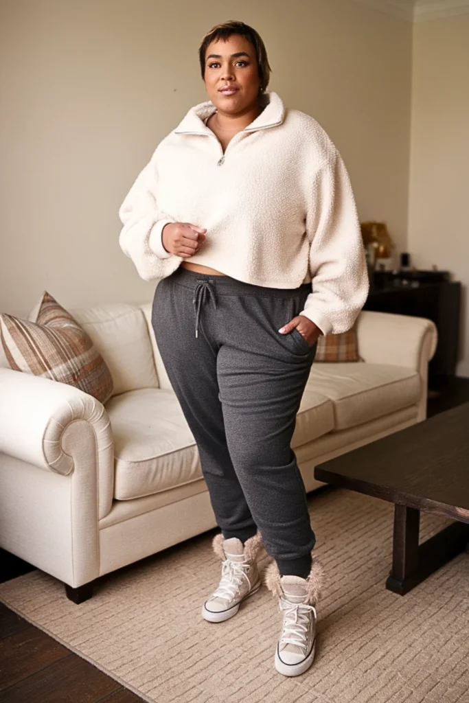 Plus Size Sherpa Half-Zip Pullover with Thermal Joggers Outfit