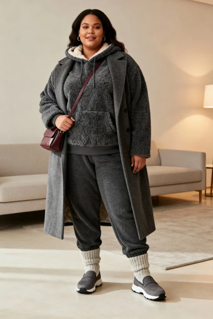 Plus Size Sherpa Hoodie Pullover with Fleece Joggers Cozy Active Wear