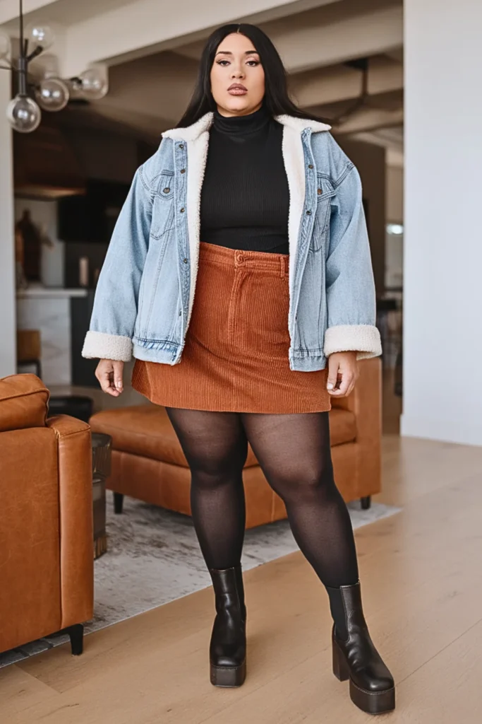 Plus Size Sherpa-Lined Denim Jacket with Corduroy Skirt Winter Outfit