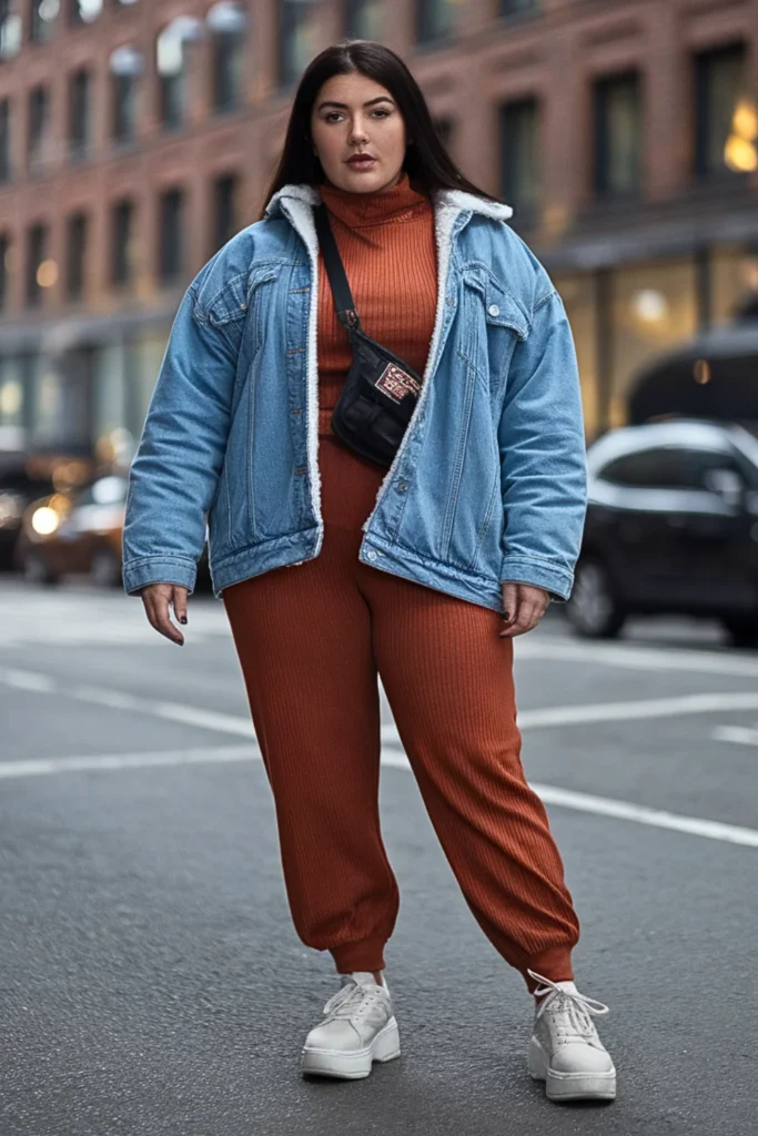 Plus Size Sherpa-Lined Denim Jacket with Knit Set Winter Outfit