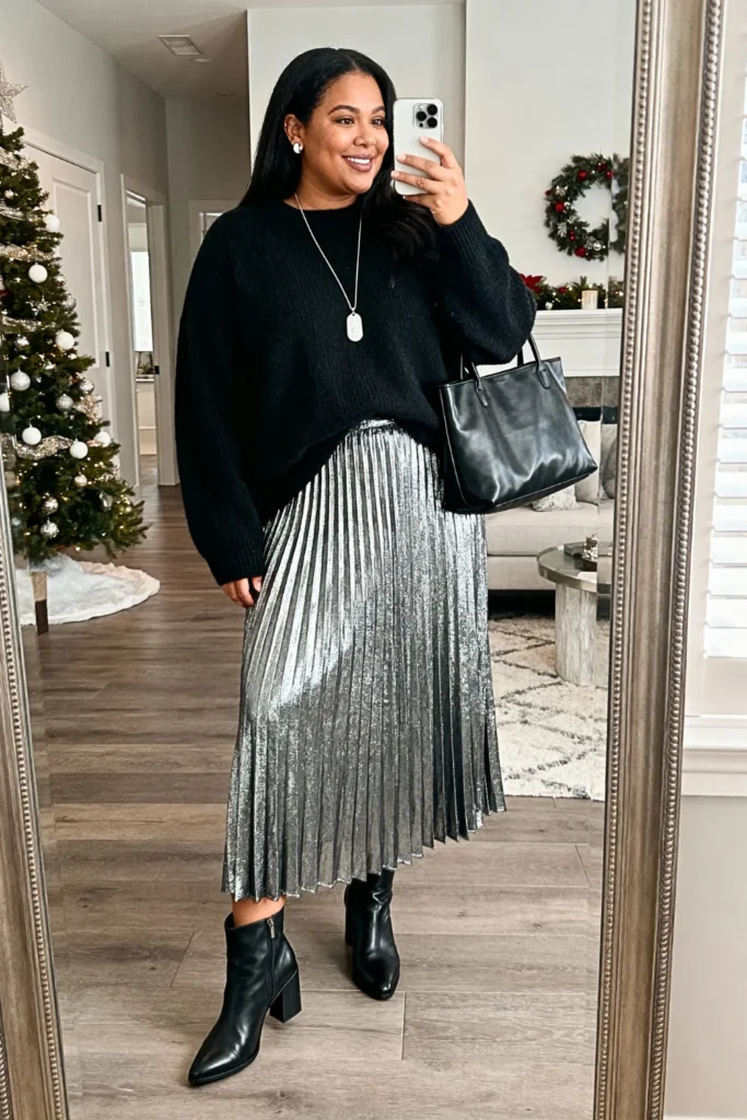 Plus Size Silver Metallic Pleated Maxi Skirt with Cashmere Sweater Outfit