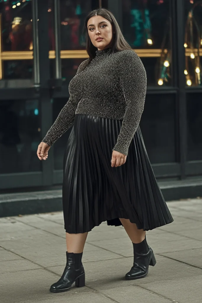 Plus Size Sparkle Knit Sweater With Pleated Skirt Outfit