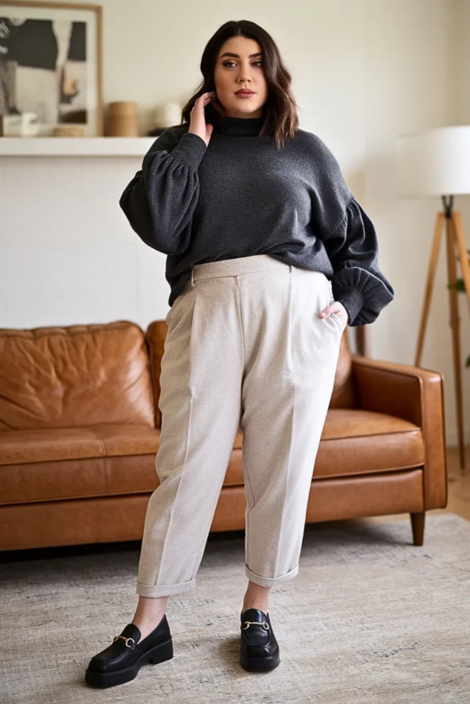Plus Size Statement Sleeve Sweater with Cozy Trousers Outfit