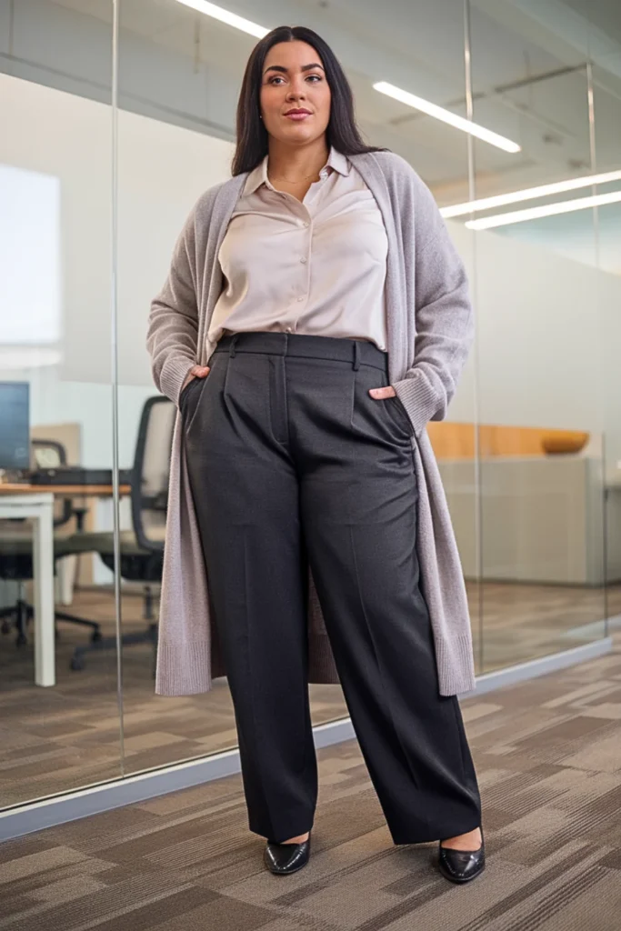 Plus Size Straight-Leg Trousers with Silk Blouse and Longline Cardigan