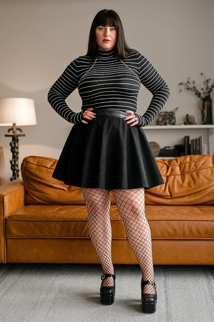 Plus Size Striped Fishnet Top With Skirt And Tights Outfit