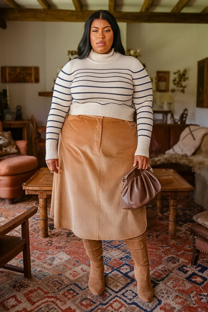 Plus Size Striped Sweater with Corduroy Skirt
